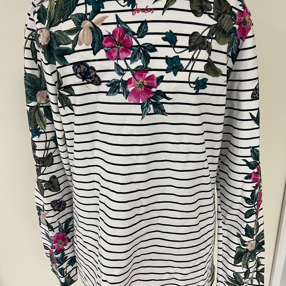 Joules Navy and Cream Striped Top with Beautiful Pink Flowers and Vines